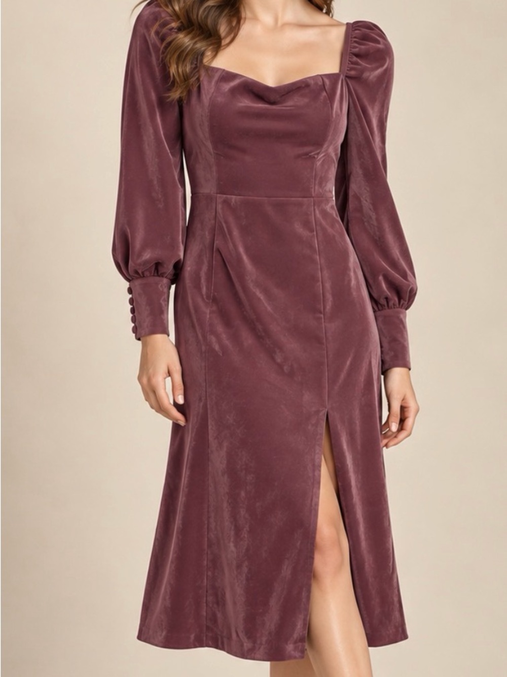 Long-Sleeve Dusty Mauve Midi Dress with Square Neck